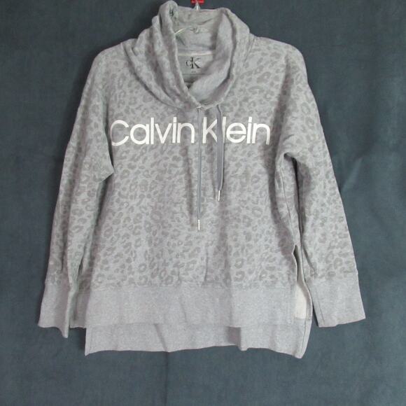 Calvin Klein Sweatshirt Womens Size M Gray Leopard Print Fleece Mock Neck Logo - Picture 1 of 10
